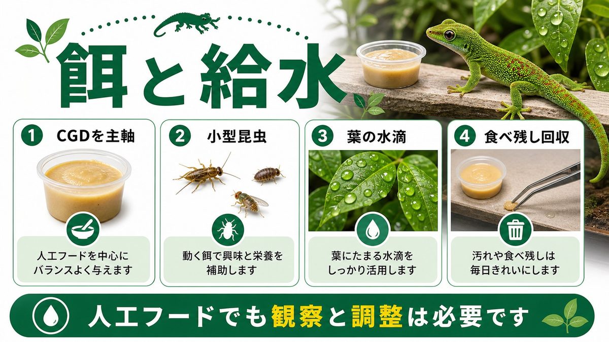 餌と給水の要点をまとめたカメレオン・爬虫類飼育インフォグラフィック