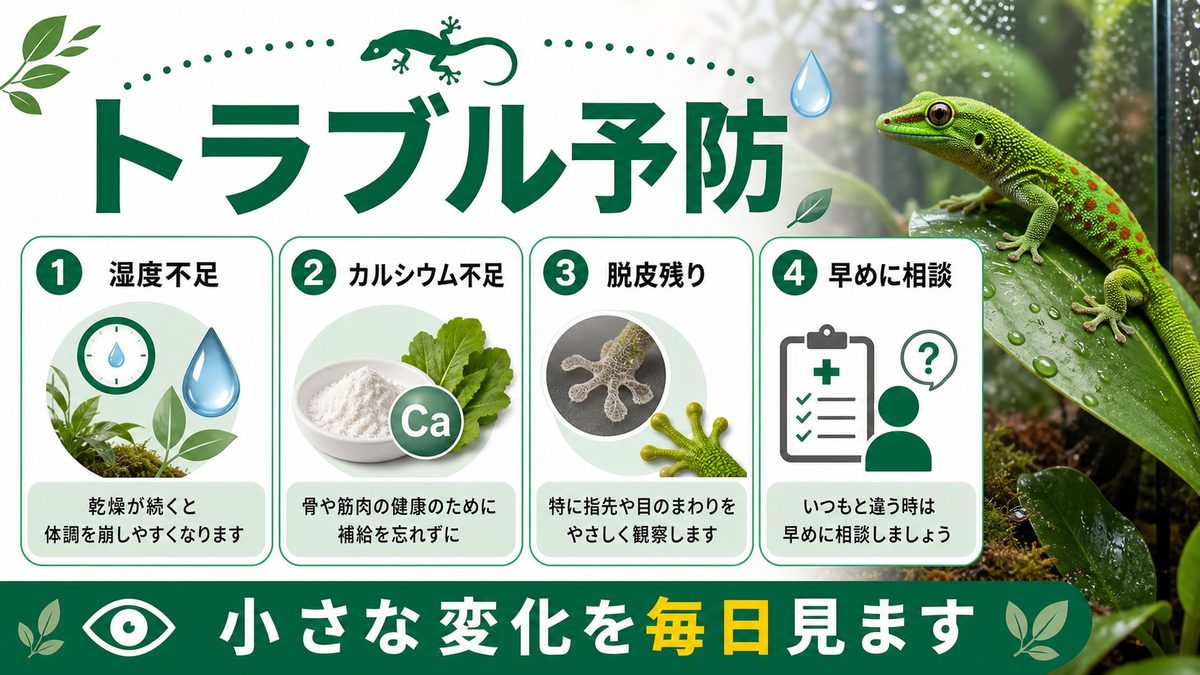 かかりやすい病気・トラブルの要点をまとめたカメレオン・爬虫類飼育インフォグラフィック