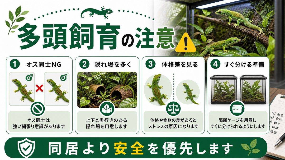 多頭飼育についての要点をまとめたカメレオン・爬虫類飼育インフォグラフィック