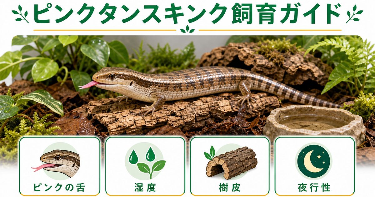 ピンクタンスキンク飼育完全ガイド！ピンクの舌が特徴のオーストラリア産スキンクの飼い方・餌・アオジタとの違いを徹底解説の要点を伝えるカメレオン・爬虫類記事アイキャッチ画像
