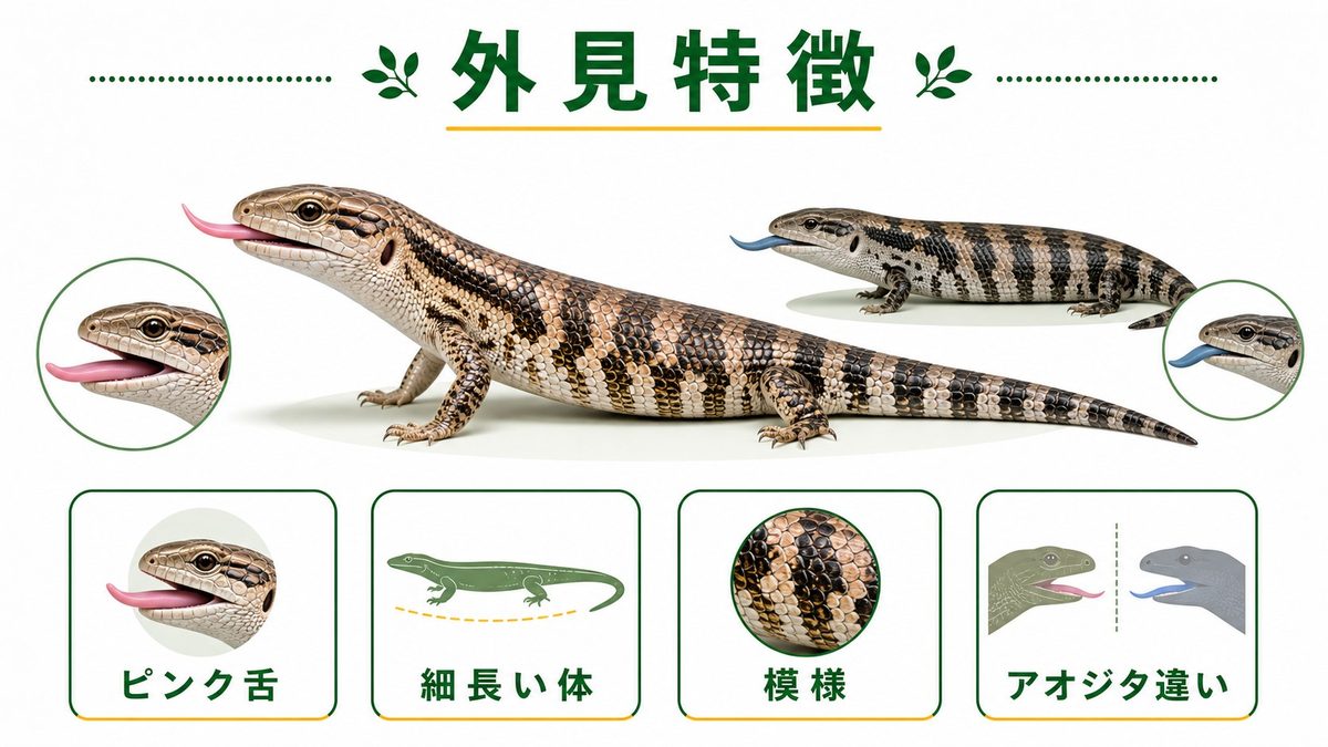 外見の特徴とアオジタスキンクとの違いの要点をまとめたカメレオン・爬虫類飼育インフォグラフィック