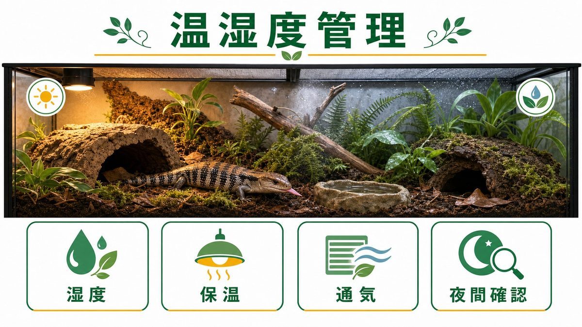 温度・湿度管理の要点をまとめたカメレオン・爬虫類飼育インフォグラフィック