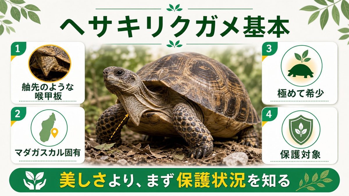 ヘサキリクガメの基本情報の要点をまとめたカメレオン・爬虫類飼育インフォグラフィック
