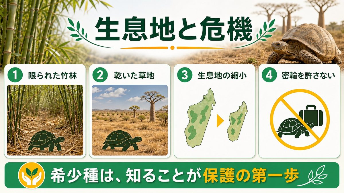 マダガスカル北西部の生息地と絶滅危機の要点をまとめたカメレオン・爬虫類飼育インフォグラフィック