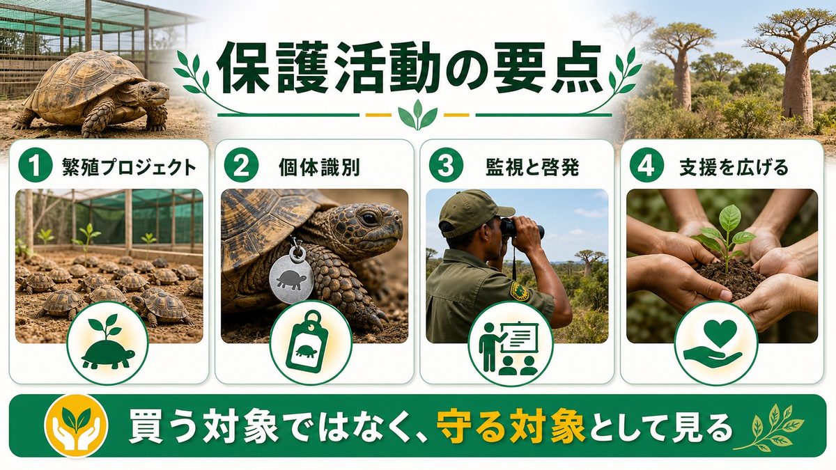 保護プロジェクトと国際的取り組み(ダレル動物保護財団等)の要点をまとめたカメレオン・爬虫類飼育インフォグラフィック