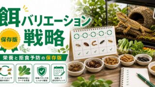 爬虫類の餌バリエーション戦略完全ガイド｜栄養多様性・嗜好性・拒食予防のローテーション設計の要点を伝えるカメレオン・爬虫類記事アイキャッチ画像
