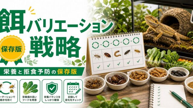 爬虫類の餌バリエーション戦略完全ガイド｜栄養多様性・嗜好性・拒食予防のローテーション設計の要点を伝えるカメレオン・爬虫類記事アイキャッチ画像