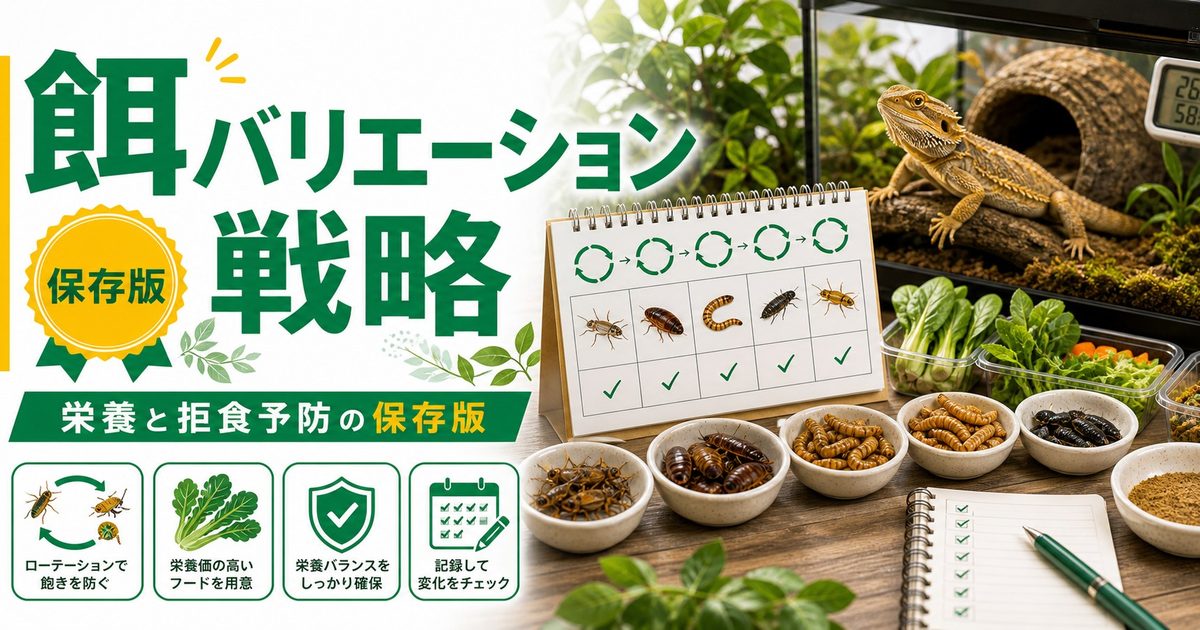 爬虫類の餌バリエーション戦略完全ガイド｜栄養多様性・嗜好性・拒食予防のローテーション設計の要点を伝えるカメレオン・爬虫類記事アイキャッチ画像
