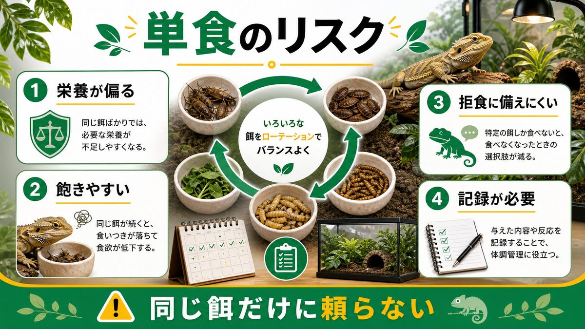 同じ餌ばかりは危険｜単食がもたらす3つのリスクの要点をまとめたカメレオン・爬虫類飼育インフォグラフィック
