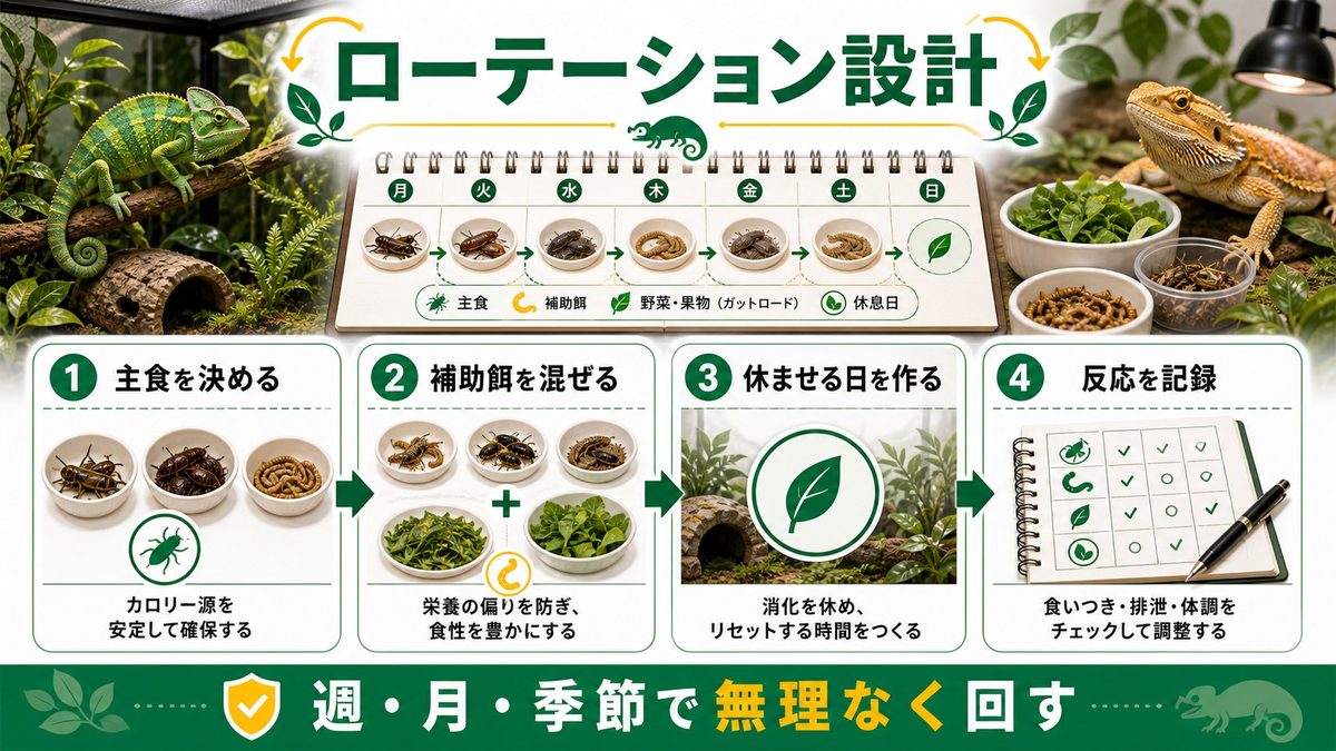 ローテーション設計の実例｜週・月・季節の3層構造の要点をまとめたカメレオン・爬虫類飼育インフォグラフィック