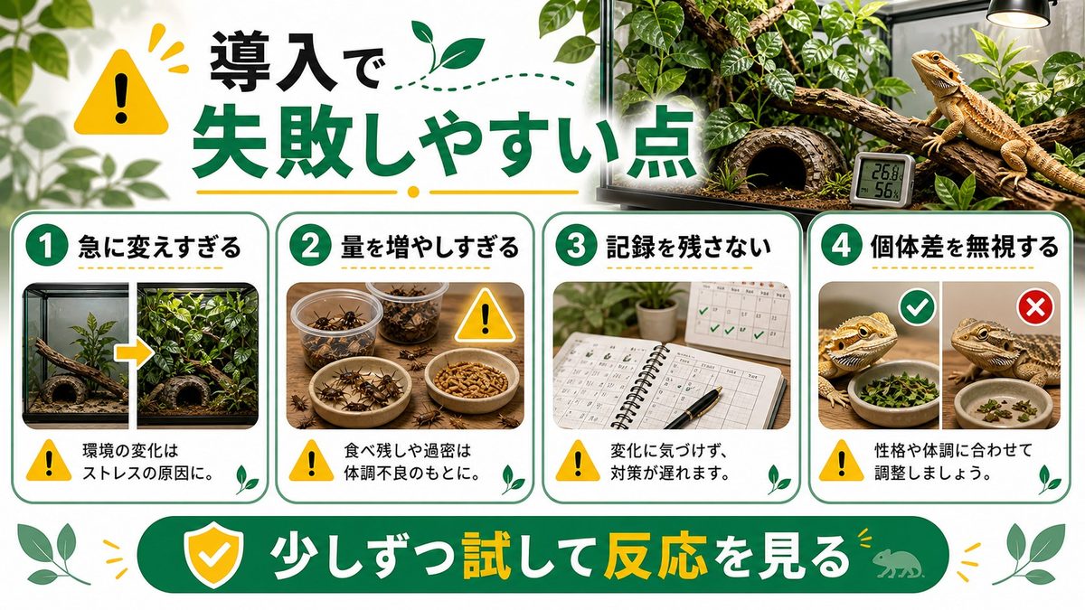 ローテーション導入の落とし穴｜やりがちな失敗5つの要点をまとめたカメレオン・爬虫類飼育インフォグラフィック