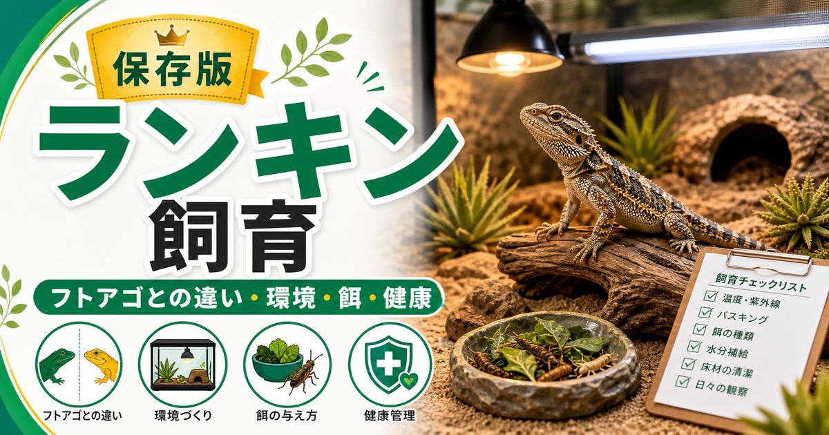 ランキンドラゴン（ランキンスアゴ）飼育完全ガイド！フトアゴとの違い・特徴・育て方を徹底解説の要点を伝えるカメレオン・爬虫類記事アイキャッチ画像