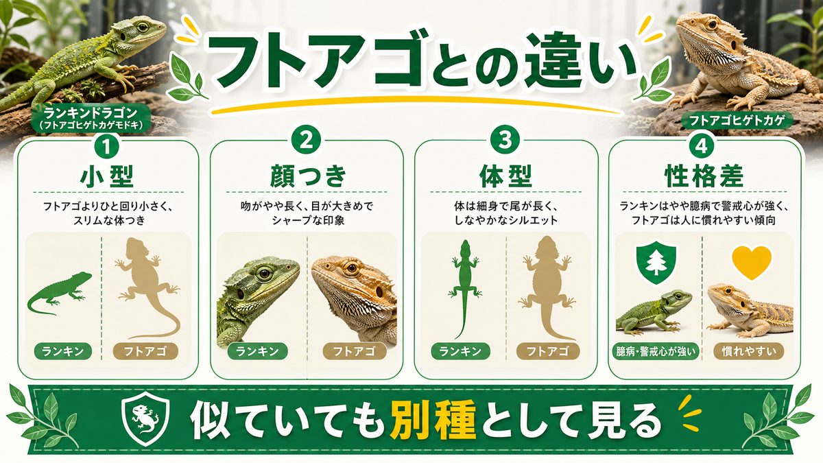 外見・色彩の特徴（フトアゴとの外見比較）の要点をまとめたカメレオン・爬虫類飼育インフォグラフィック