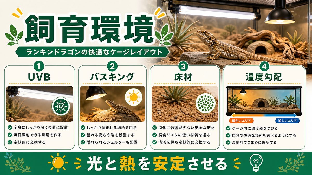 飼育環境のセットアップの要点をまとめたカメレオン・爬虫類飼育インフォグラフィック
