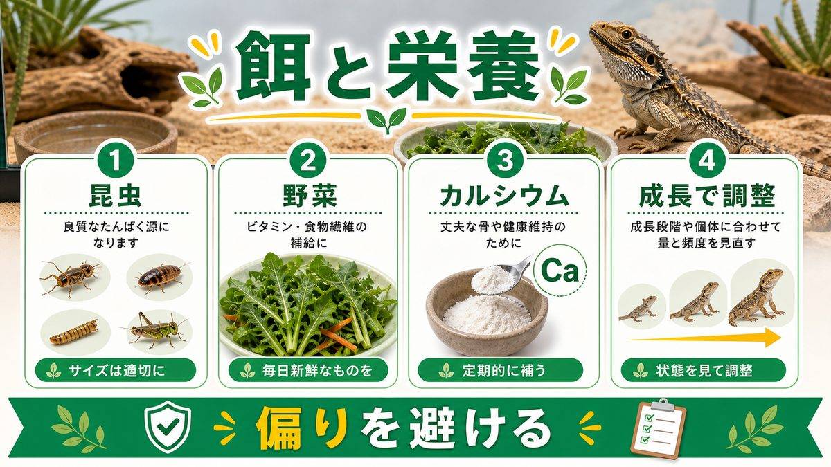 餌と栄養管理の要点をまとめたカメレオン・爬虫類飼育インフォグラフィック