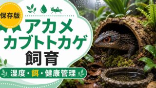 アカメカブトトカゲ飼育完全ガイド！テラリウム・湿度・餌と繁殖まで徹底解説の要点を伝えるカメレオン・爬虫類記事アイキャッチ画像