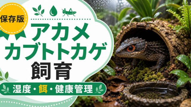 アカメカブトトカゲ飼育完全ガイド！テラリウム・湿度・餌と繁殖まで徹底解説の要点を伝えるカメレオン・爬虫類記事アイキャッチ画像
