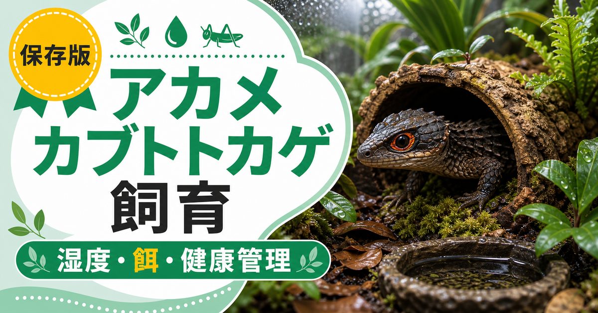 アカメカブトトカゲ飼育完全ガイド！テラリウム・湿度・餌と繁殖まで徹底解説の要点を伝えるカメレオン・爬虫類記事アイキャッチ画像
