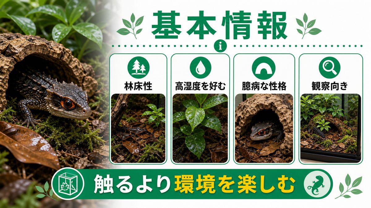 アカメカブトトカゲとは？基本情報と特徴の要点をまとめたカメレオン・爬虫類飼育インフォグラフィック