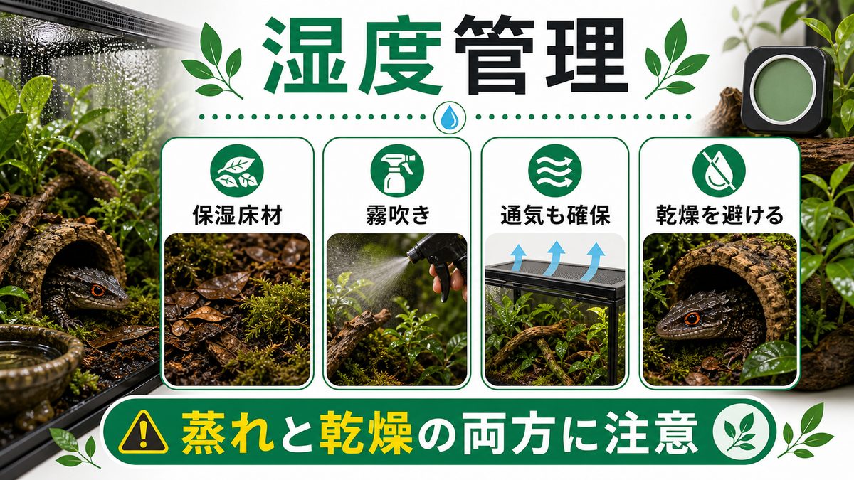 飼育環境——湿度管理がアカメの命運を決めるの要点をまとめたカメレオン・爬虫類飼育インフォグラフィック