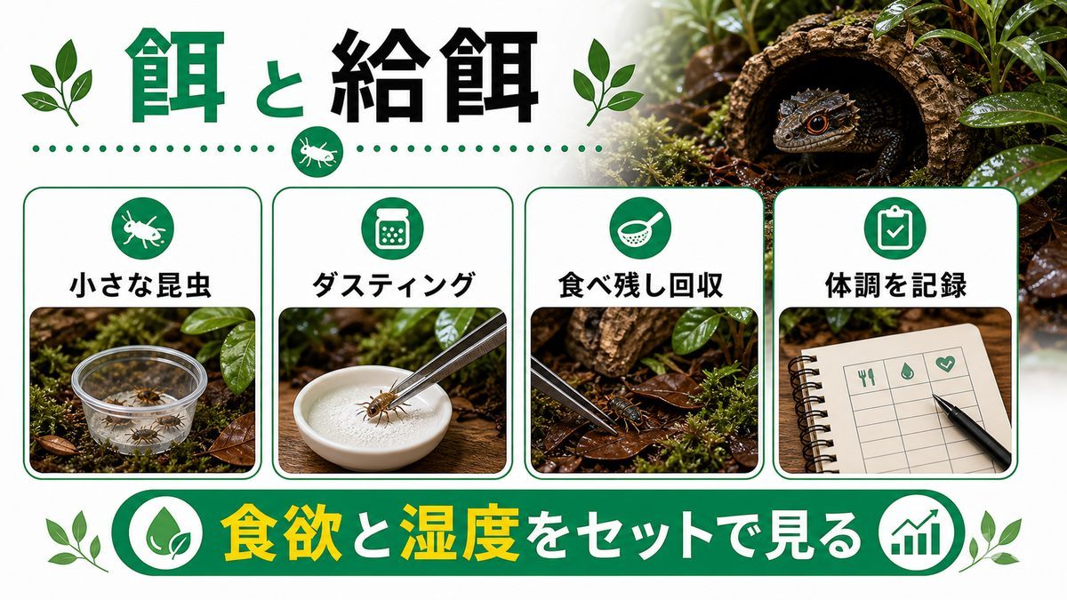 餌・給餌頻度・ダスティングの要点をまとめたカメレオン・爬虫類飼育インフォグラフィック