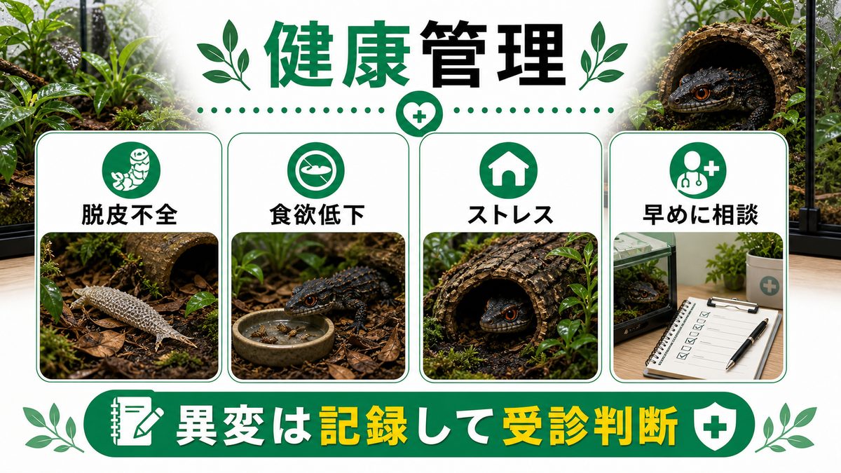 病気・健康管理（クル病・脱皮不全・ストレス）の要点をまとめたカメレオン・爬虫類飼育インフォグラフィック