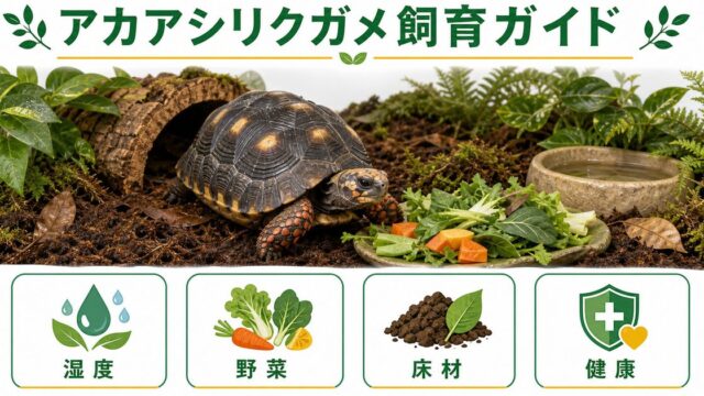 アカアシリクガメ飼育完全ガイド！特徴・温度・餌・床材・注意点を徹底解説の要点を伝えるカメレオン・爬虫類記事アイキャッチ画像