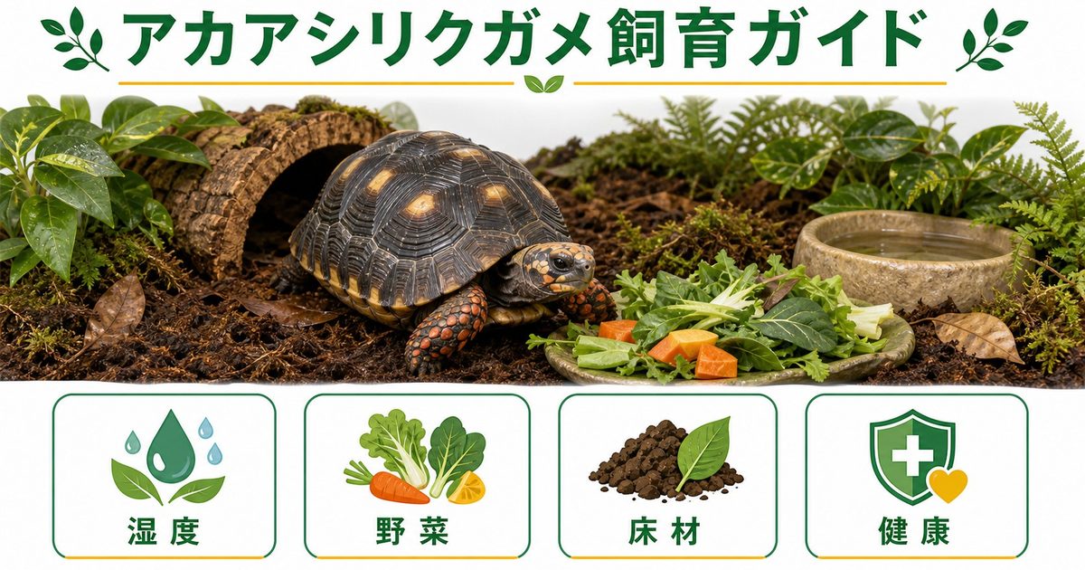 アカアシリクガメ飼育完全ガイド！特徴・温度・餌・床材・注意点を徹底解説の要点を伝えるカメレオン・爬虫類記事アイキャッチ画像