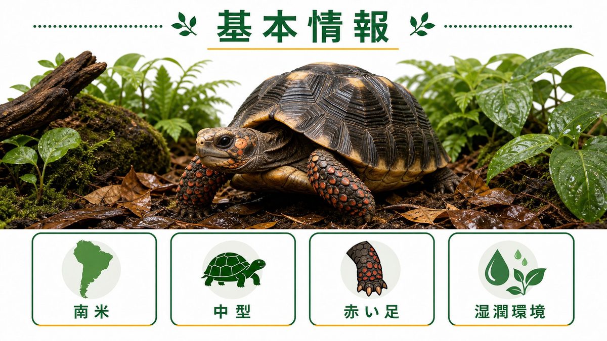🐢 アカアシリクガメの基本情報の要点をまとめたカメレオン・爬虫類飼育インフォグラフィック