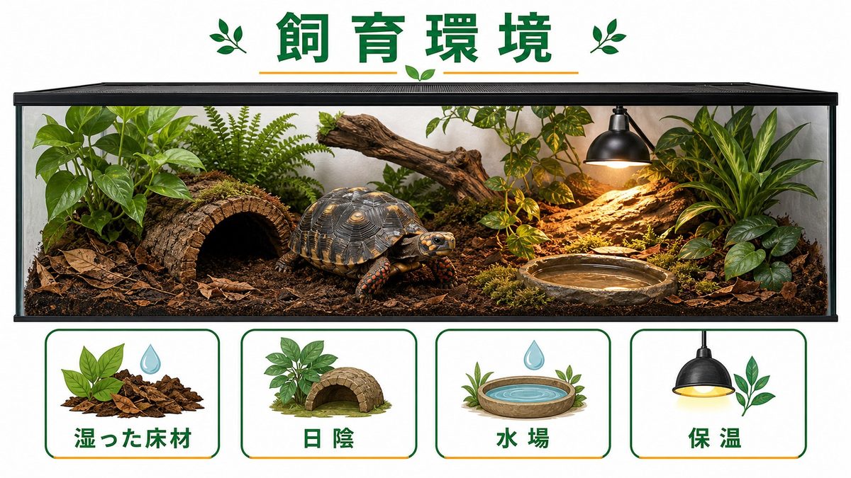 🏠 飼育環境のセットアップの要点をまとめたカメレオン・爬虫類飼育インフォグラフィック