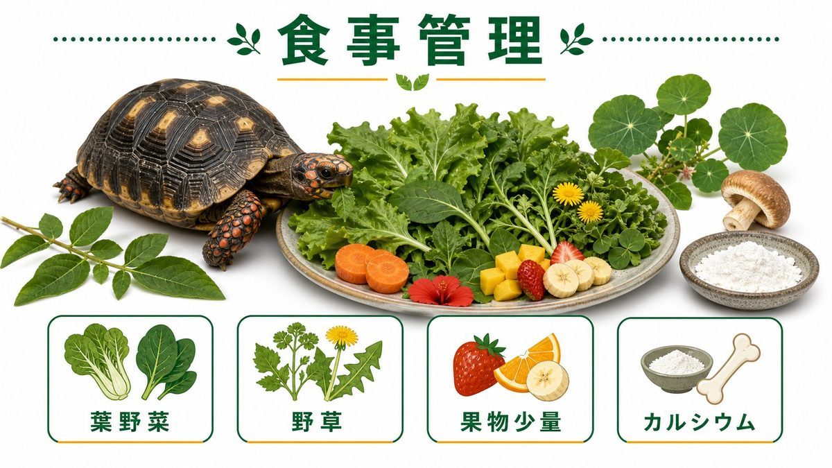 🥗 食事・栄養管理の要点をまとめたカメレオン・爬虫類飼育インフォグラフィック