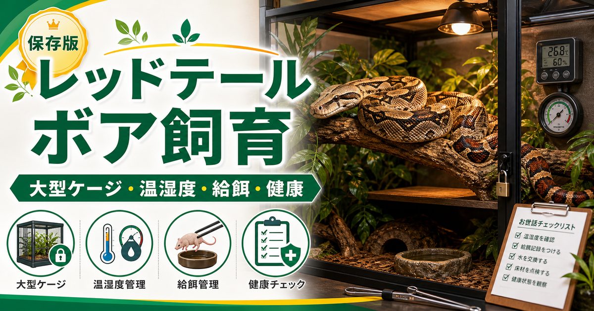 レッドテールボア（コモンボア）飼育完全ガイド！ケージ・餌・温度管理と注意点の要点を伝えるカメレオン・爬虫類記事アイキャッチ画像