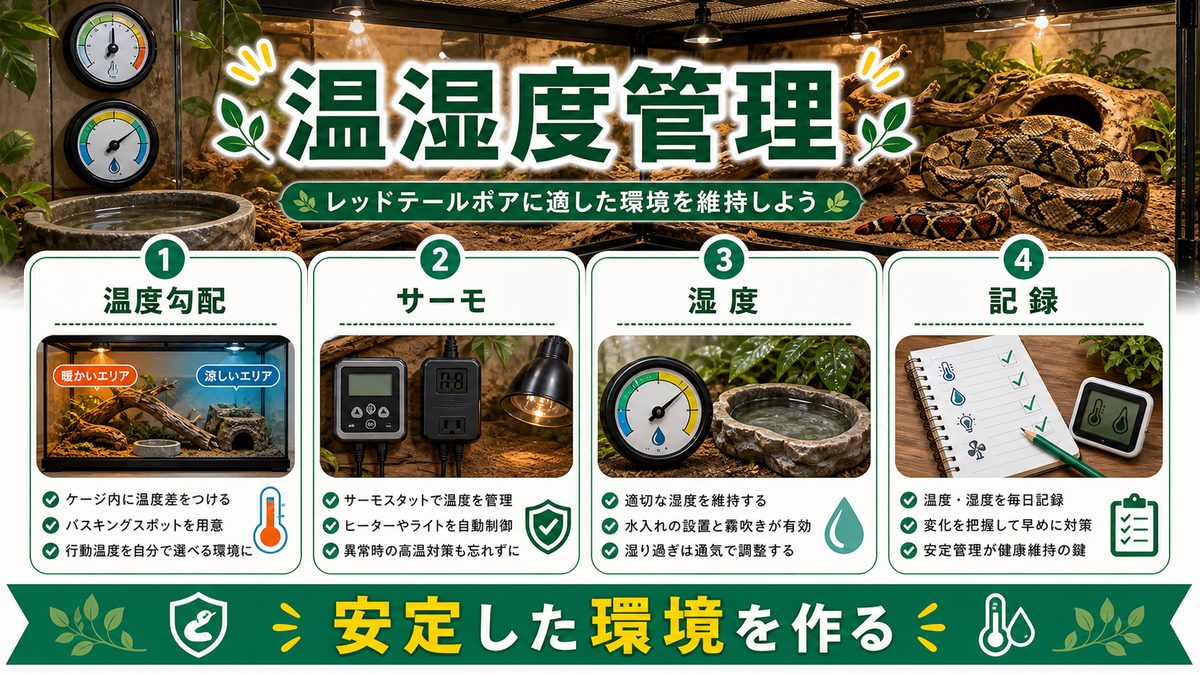温度・湿度管理:サーモスタット必須の理由の要点をまとめたカメレオン・爬虫類飼育インフォグラフィック