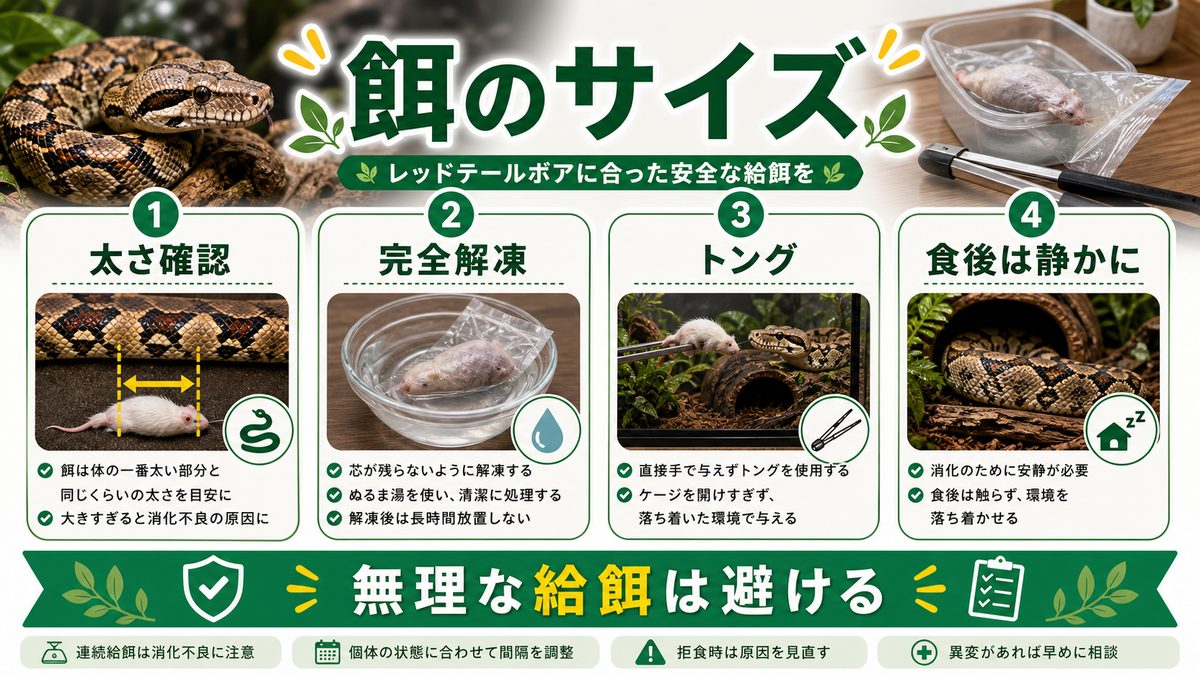 餌の与え方:マウスからラットへのサイズアップの要点をまとめたカメレオン・爬虫類飼育インフォグラフィック