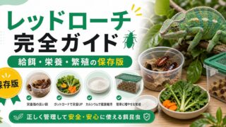 レッドローチ（アカゴキブリ）完全ガイド！爬虫類・カメレオンへの給餌方法・栄養・繁殖・デュビアとの違いを徹底解説の要点を伝えるカメレオン・爬虫類記事アイキャッチ画像