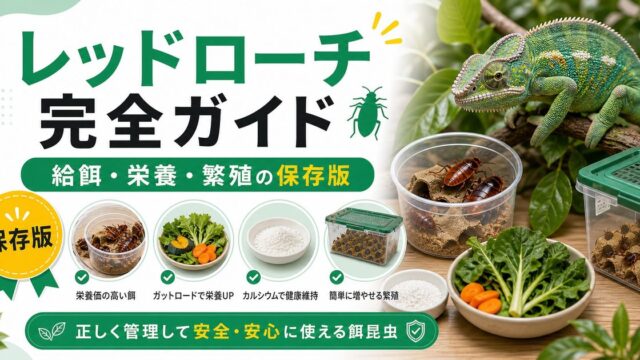 レッドローチ（アカゴキブリ）完全ガイド！爬虫類・カメレオンへの給餌方法・栄養・繁殖・デュビアとの違いを徹底解説の要点を伝えるカメレオン・爬虫類記事アイキャッチ画像