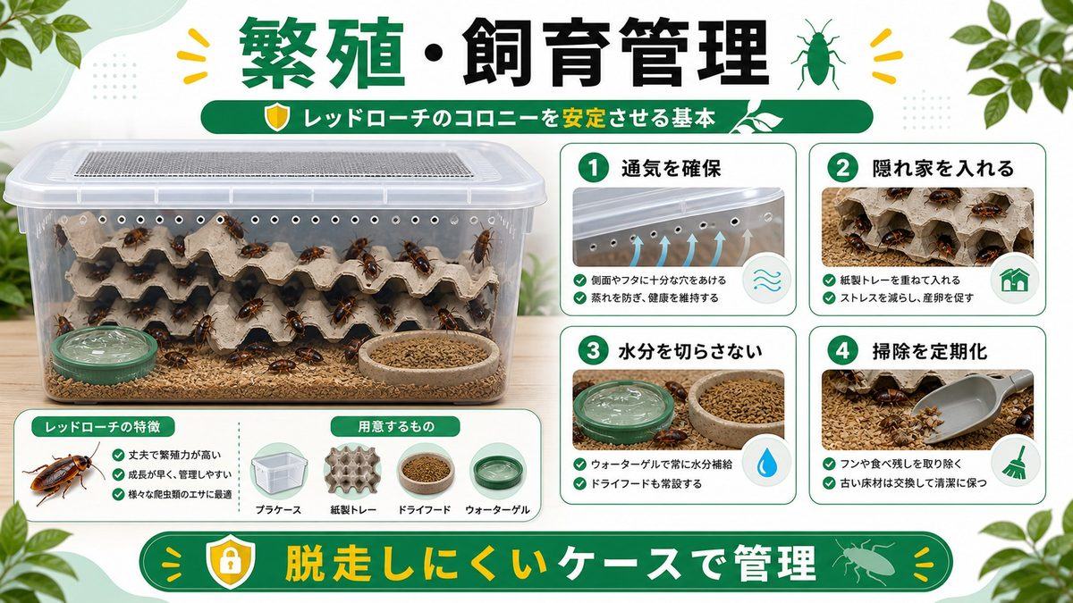 レッドローチの繁殖・飼育管理の方法の要点をまとめたカメレオン・爬虫類飼育インフォグラフィック