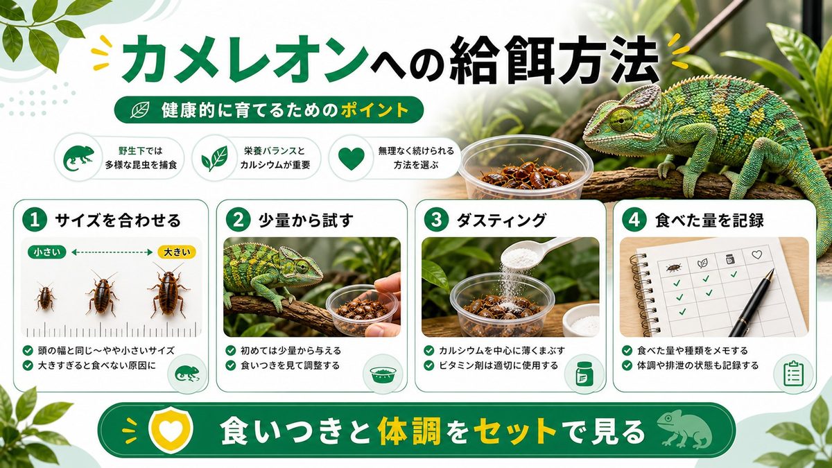 カメレオンへの給餌方法：サイズ・頻度・ダスティングの要点をまとめたカメレオン・爬虫類飼育インフォグラフィック