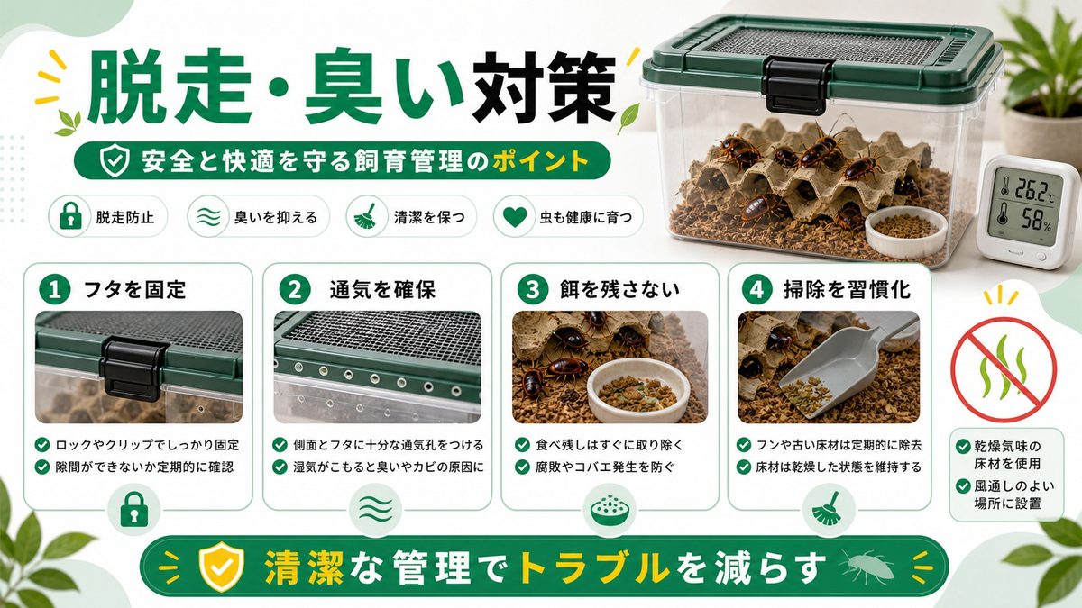 飼育・給餌の注意点：脱走対策・臭い対策の要点をまとめたカメレオン・爬虫類飼育インフォグラフィック