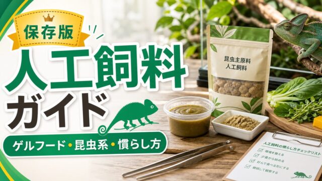 爬虫類・カメレオン用人工飼料完全ガイド！レパシー・ゲルフード・昆虫系フードの種類・使い方・給餌テクニックを徹底解説の要点を伝えるカメレオン・爬虫類記事アイキャッチ画像