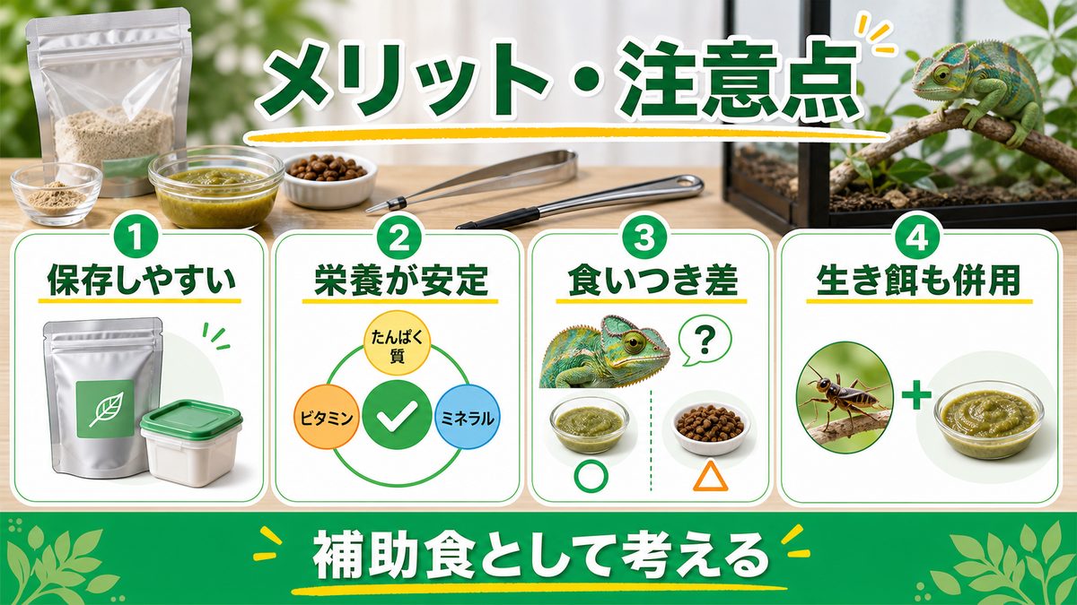 ①人工飼料のメリット・デメリットの要点をまとめたカメレオン・爬虫類飼育インフォグラフィック