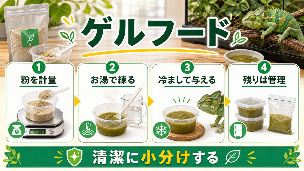 ②ゲルフード（レパシー系）の種類と使い方の要点をまとめたカメレオン・爬虫類飼育インフォグラフィック