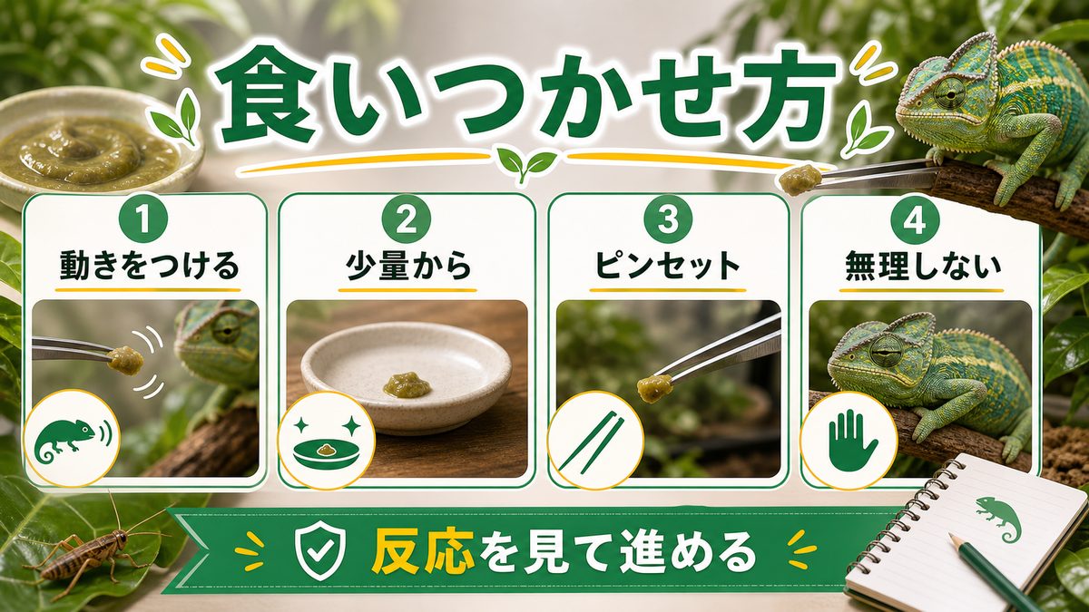 ④カメレオン・肉食爬虫類への給餌テクニック（食いつかせる方法）の要点をまとめたカメレオン・爬虫類飼育インフォグラフィック
