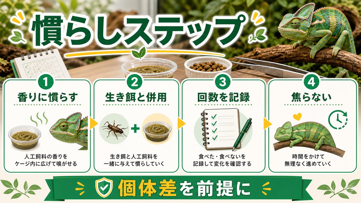 ⑥人工飼料への慣らし方・移行ステップの要点をまとめたカメレオン・爬虫類飼育インフォグラフィック