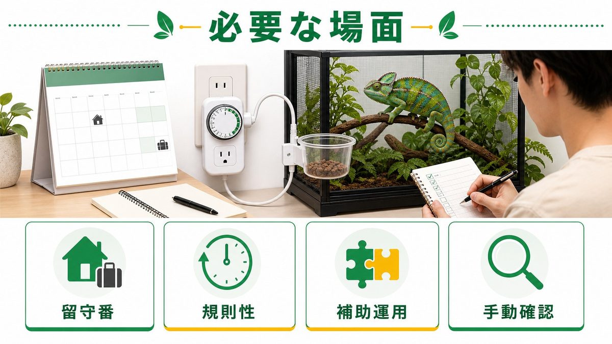 自動給餌器が必要になる場面とは？の要点をまとめたカメレオン・爬虫類飼育インフォグラフィック