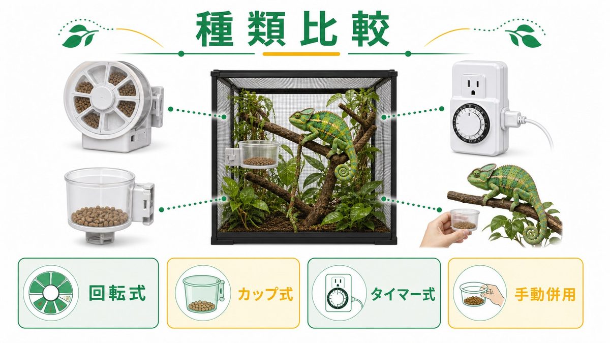 自動給餌器の種類と比較の要点をまとめたカメレオン・爬虫類飼育インフォグラフィック