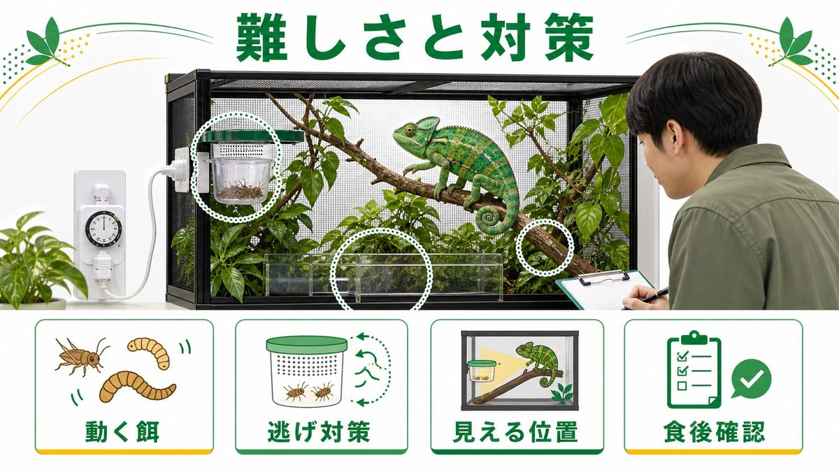 カメレオンへの自動給餌が難しい理由と解決策の要点をまとめたカメレオン・爬虫類飼育インフォグラフィック