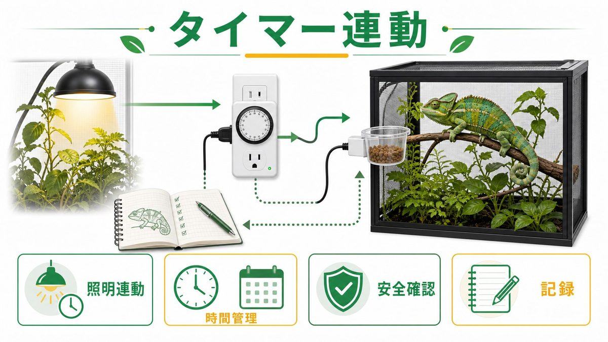 タイマーコンセントとの組み合わせで給餌を自動化するの要点をまとめたカメレオン・爬虫類飼育インフォグラフィック