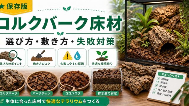 爬虫類・カメレオンのコルクバーク・樹皮床材完全ガイド！種類・選び方・敷き方・バイオアクティブ活用を徹底解説の要点を伝えるカメレオン・爬虫類記事アイキャッチ画像