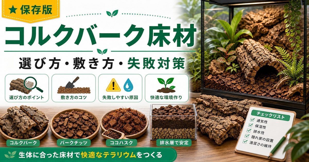 爬虫類・カメレオンのコルクバーク・樹皮床材完全ガイド！種類・選び方・敷き方・バイオアクティブ活用を徹底解説の要点を伝えるカメレオン・爬虫類記事アイキャッチ画像